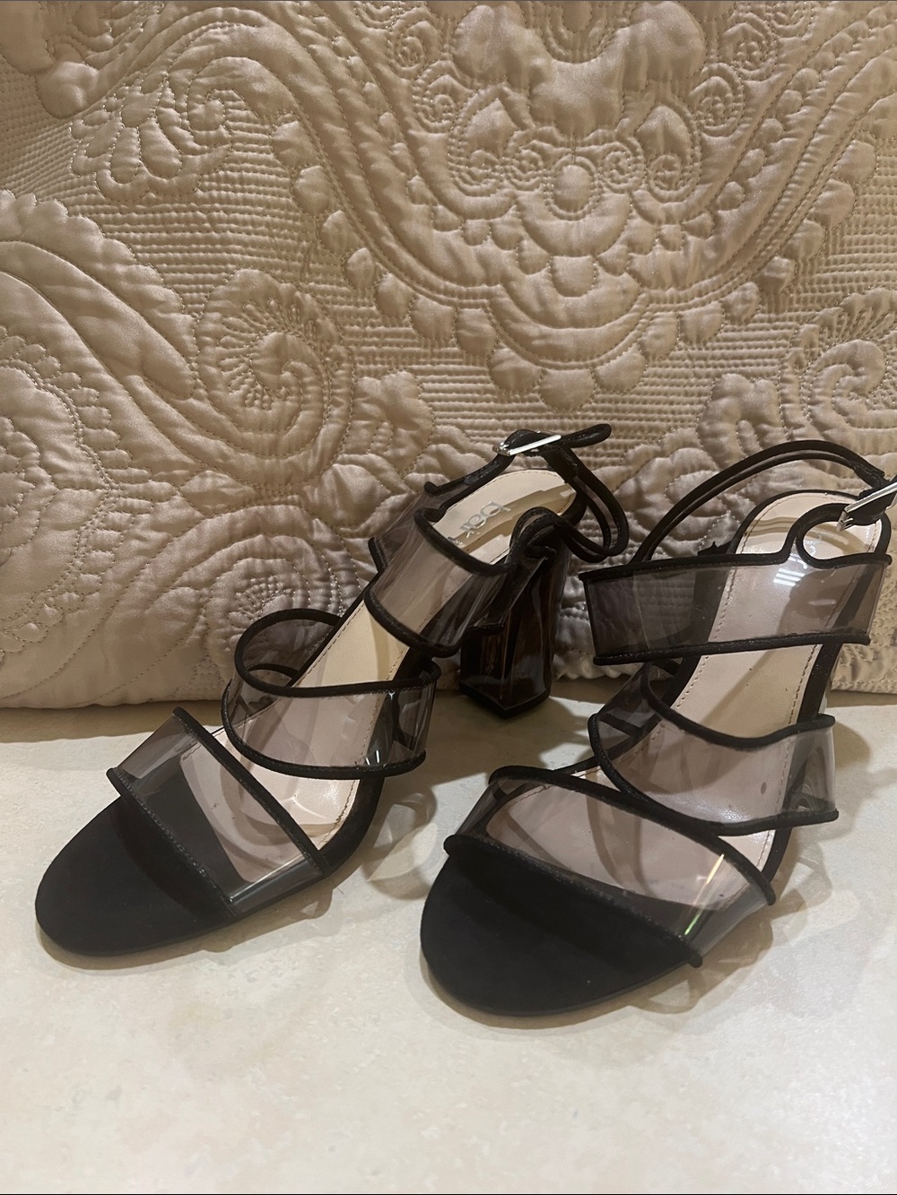 Bar III Black Clear Panel Block Heel Sandals